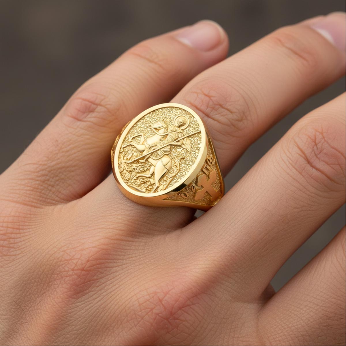 Saint Demetrios (Demetrius) Orthodox Icon Sculpted Signet Ring