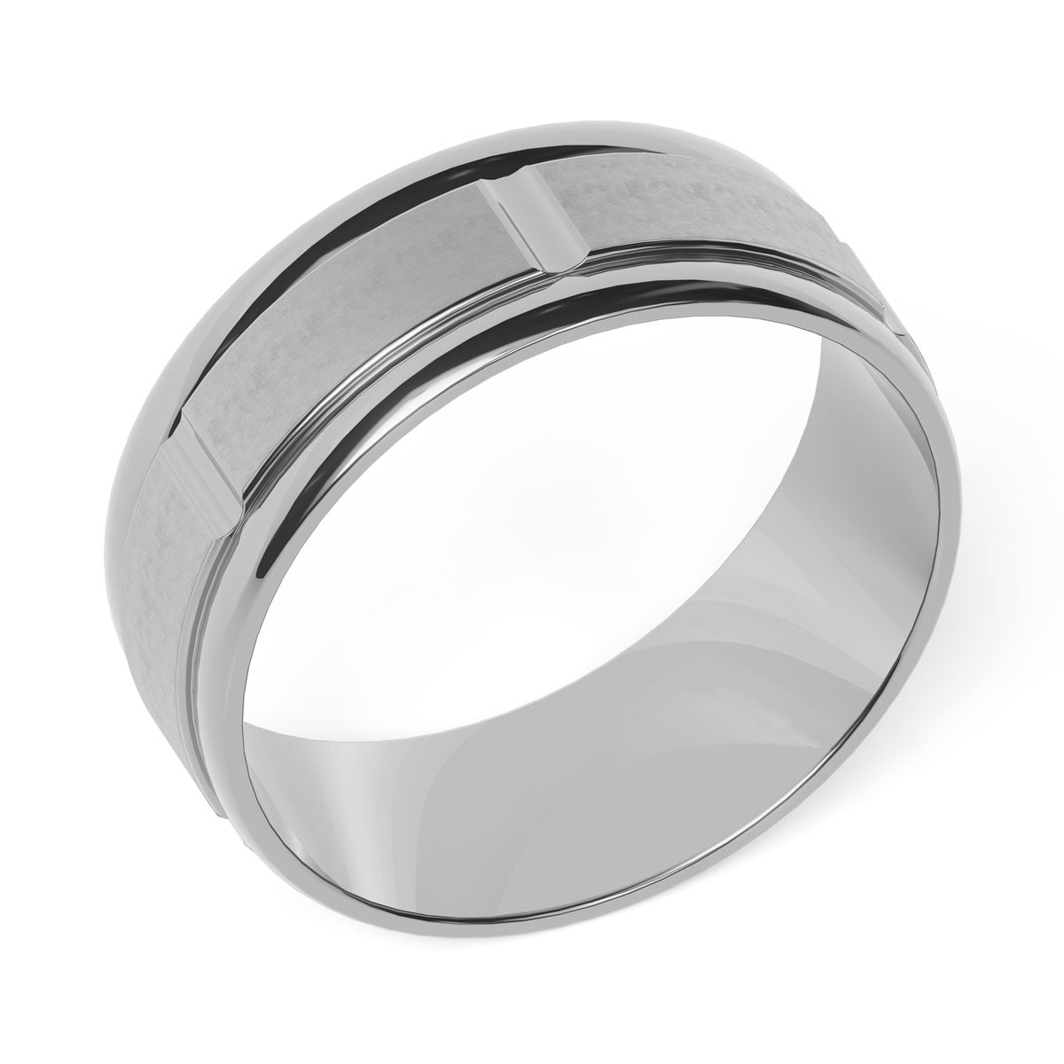 Comfort Fit 8MM Carved Wedding Band with Grooved Satin Inlay