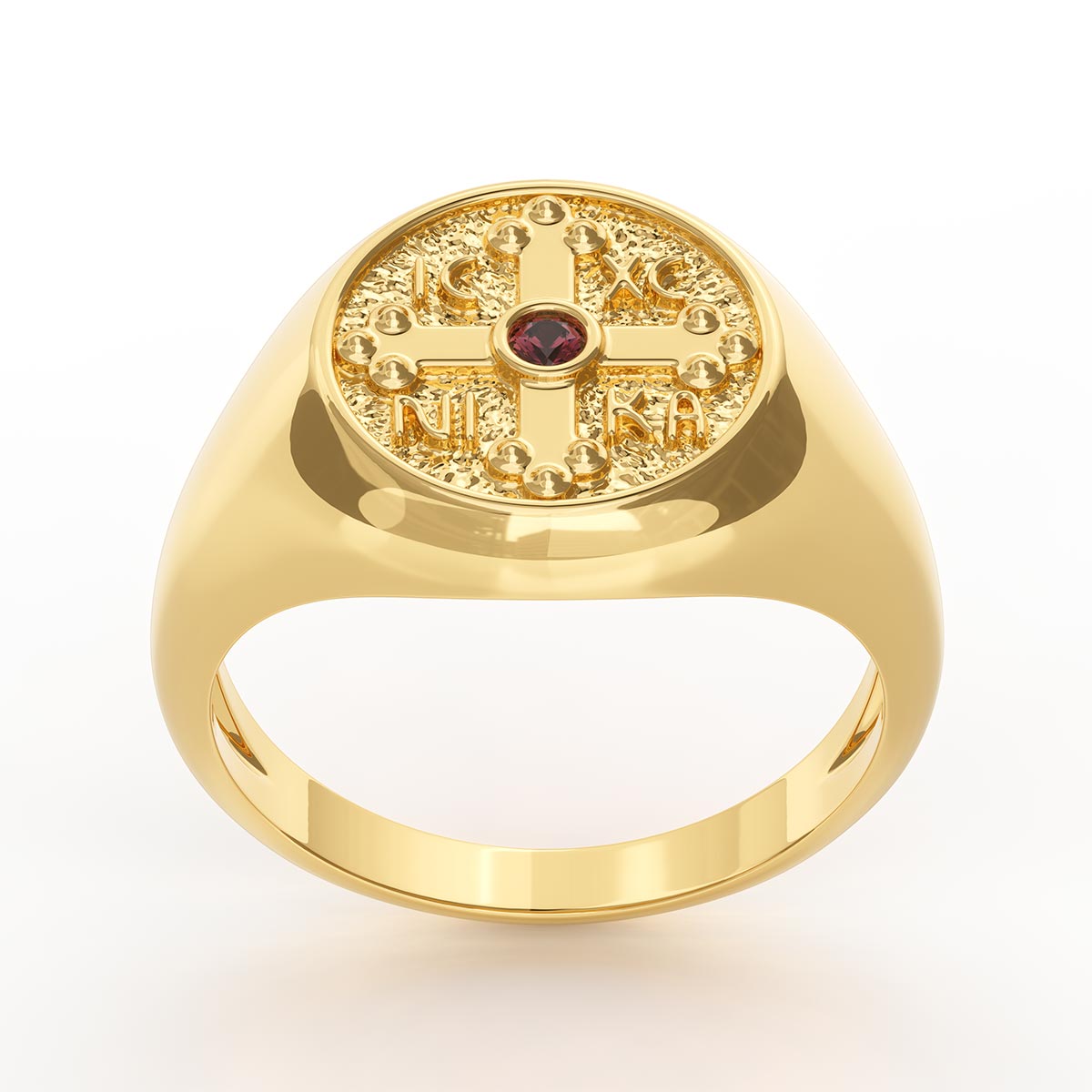 Greek Orthodox Cross Signet Ring with Ruby
