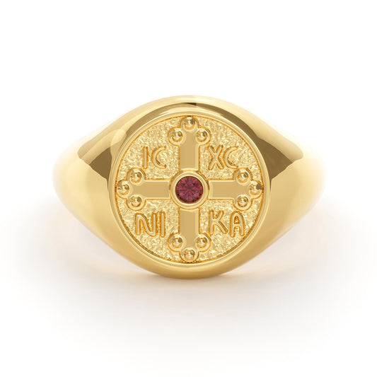 Greek Orthodox Cross Signet Ring with Ruby