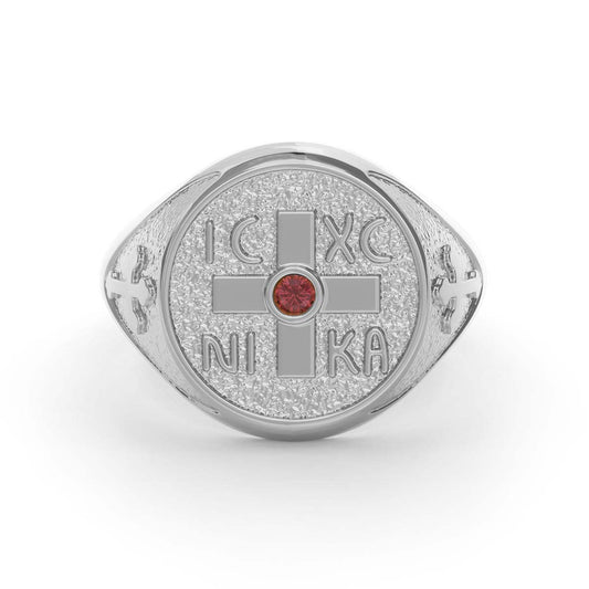Men's Greek Orthodox Cross Signet Ring with Ruby