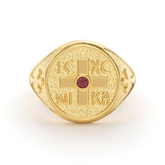 Men's Greek Orthodox Cross Signet Ring with Ruby