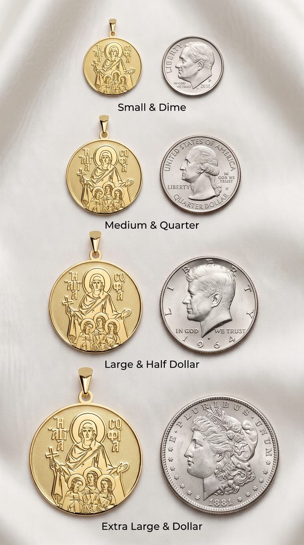 Small, medium, large and extra large medals next to a dime, a quarter, a half dollar and a dollar