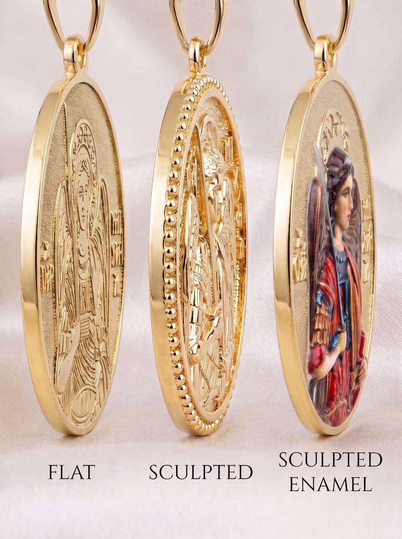Flat, sculpted and sculpted enamel saint medals side by side