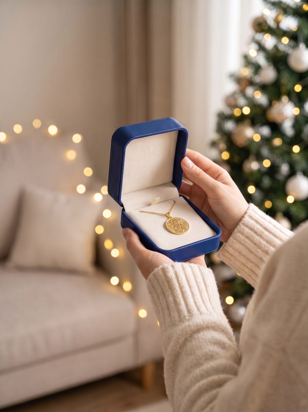 A gold saint medal in an open navy gift box, held in two hands
