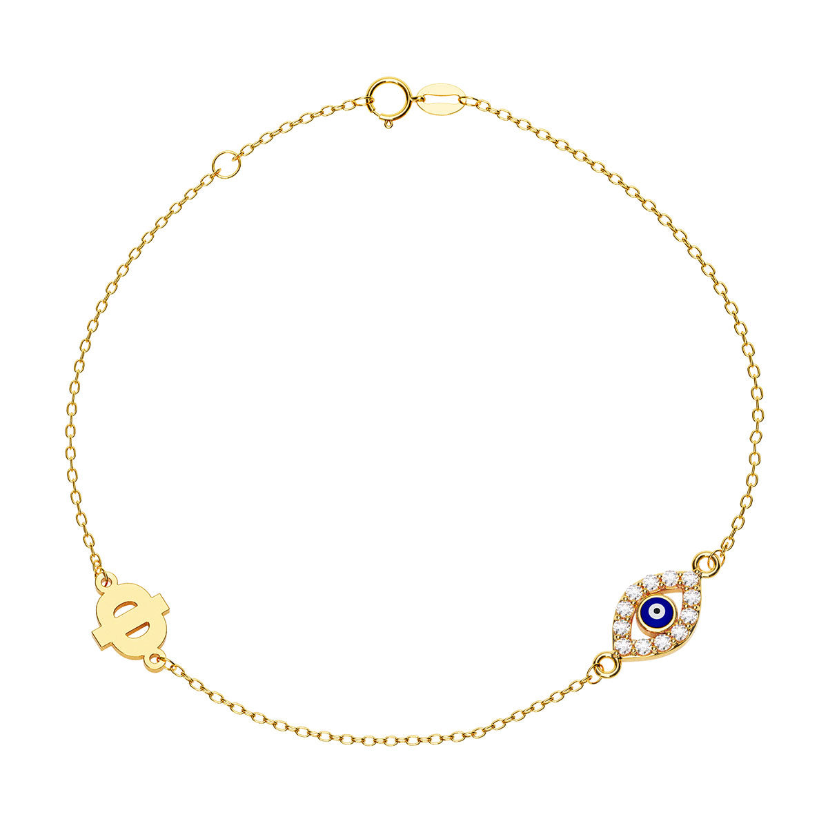 Greek Personalized Initial Bracelet With Marquise Evil Eye Pavé Charm