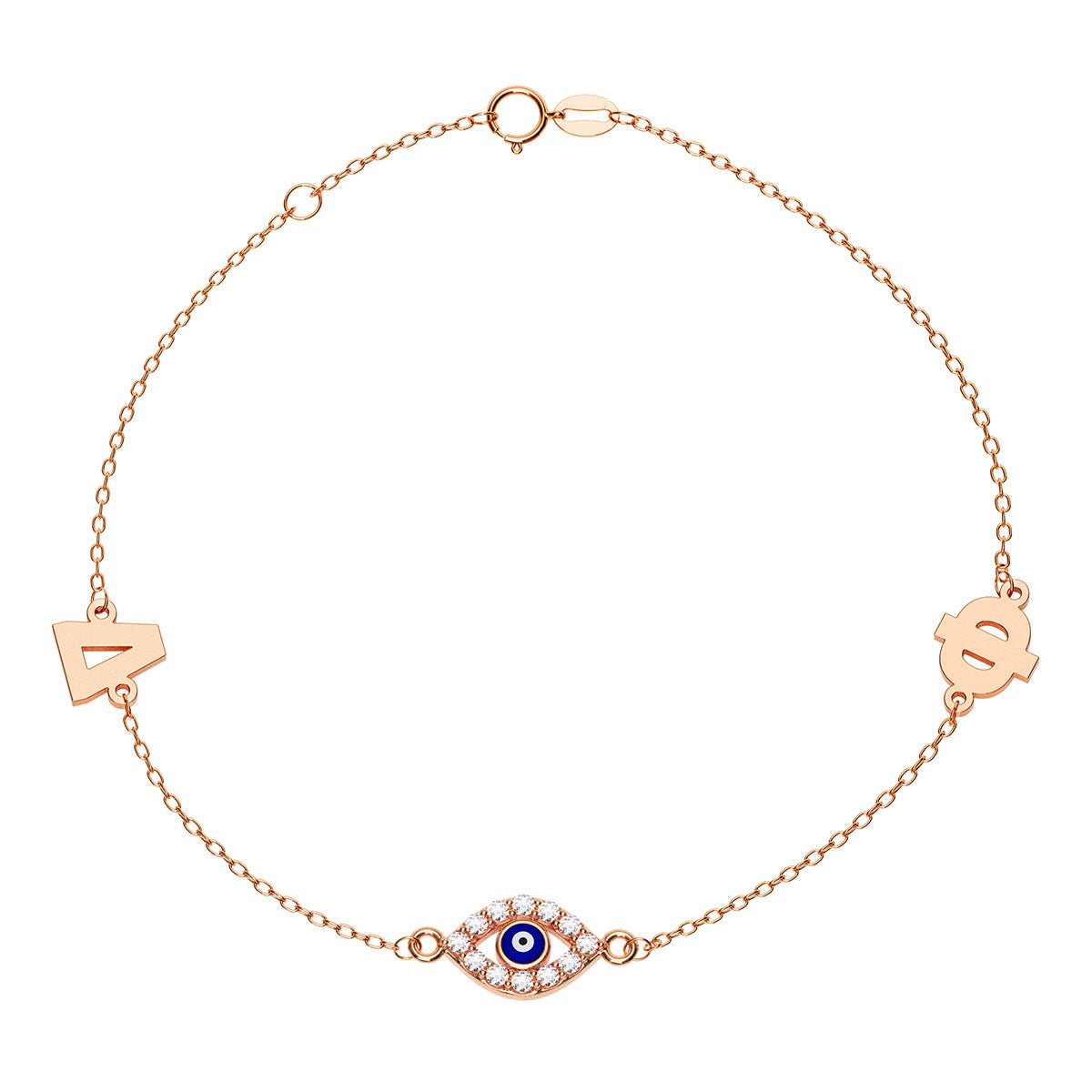Greek Personalized 2 Initial Bracelet With Marquise Evil Eye Pavé Charm
