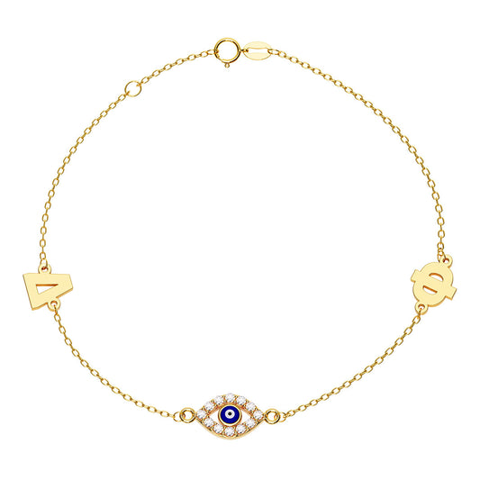 Greek Personalized 2 Initial Bracelet With Marquise Evil Eye Pavé Charm