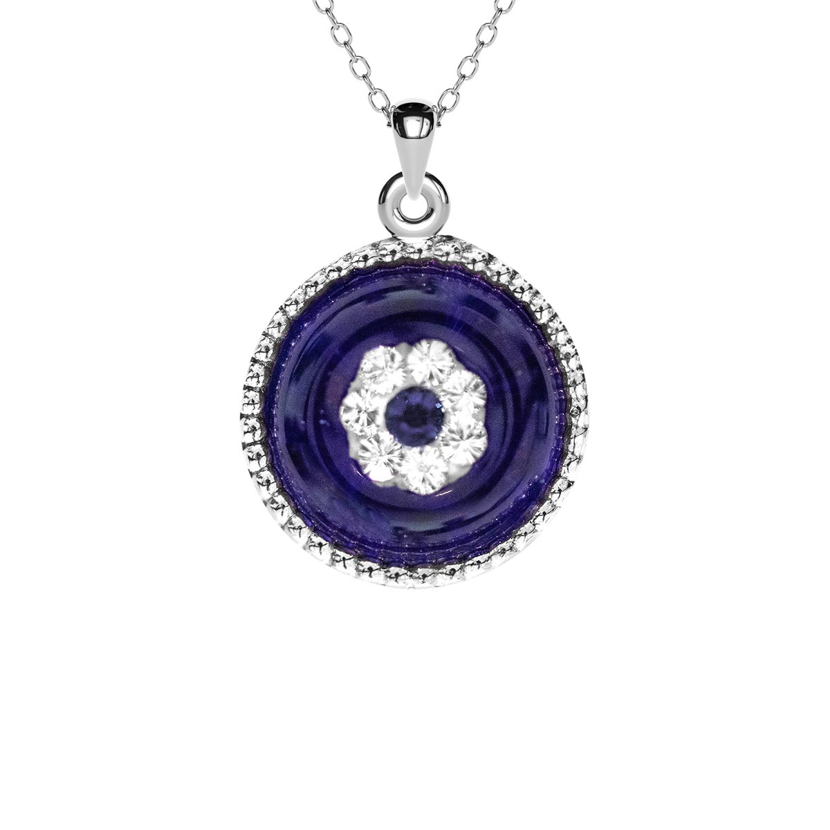 Round Milgrain Blue Crystal Evil Eye Necklace