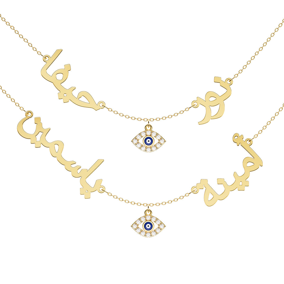Arabic Personalized 2 Name Necklace With Marquise Pavé Evil Eye Charm