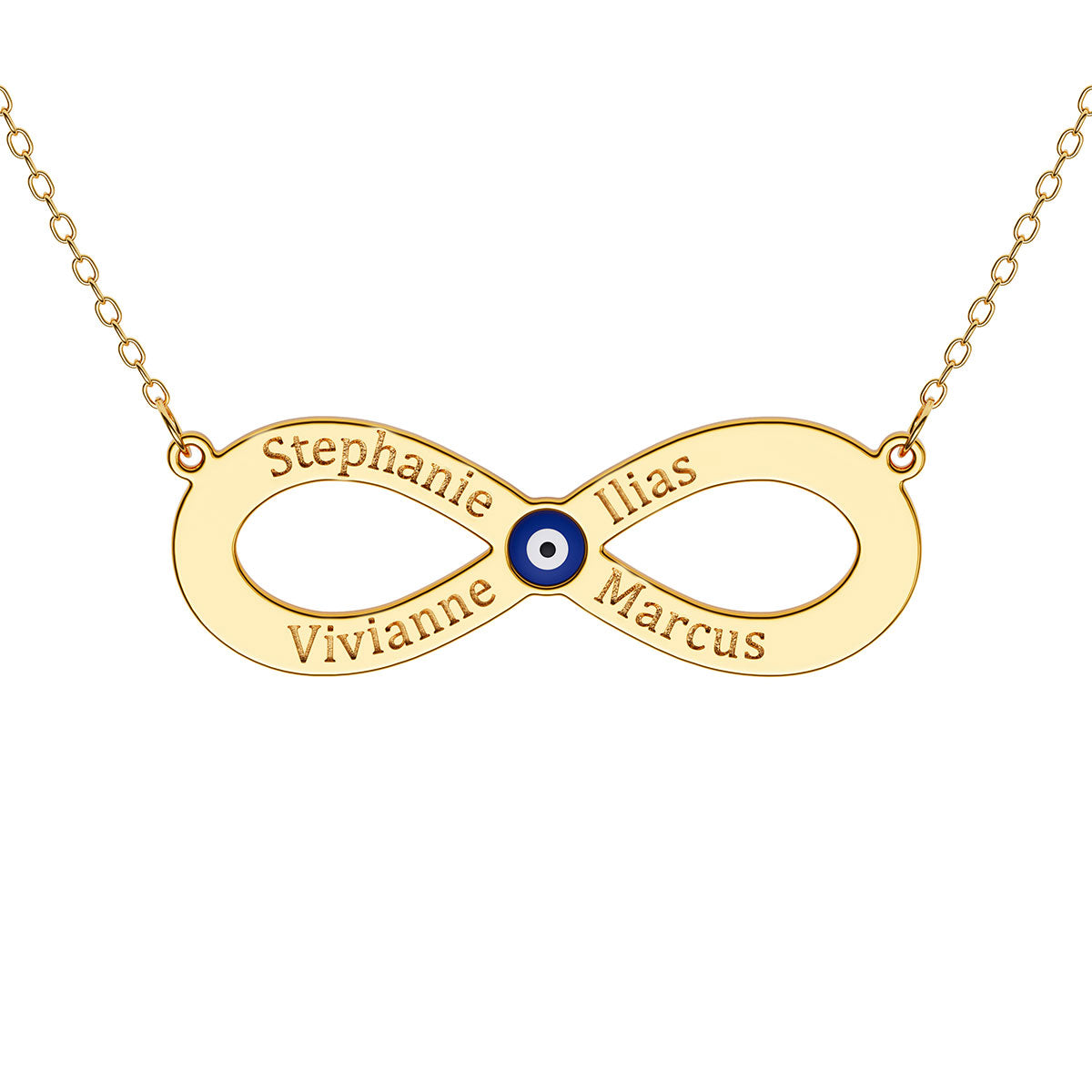 4 Name Engraved Infinity Necklace With Evil Eye – Stakora