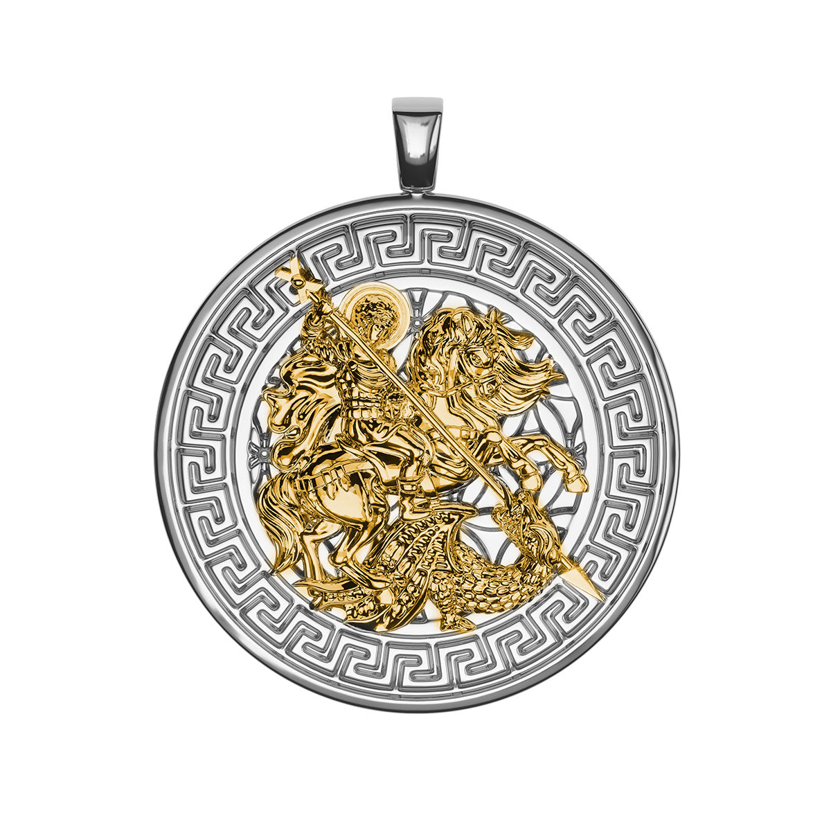 Greek Key Two-Tone Saint George And the Dragon Pendant